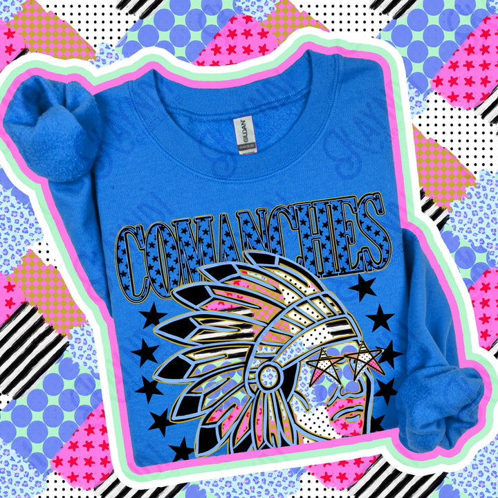 Comanches Patchwork Varsity Stars mascot DTF transfer