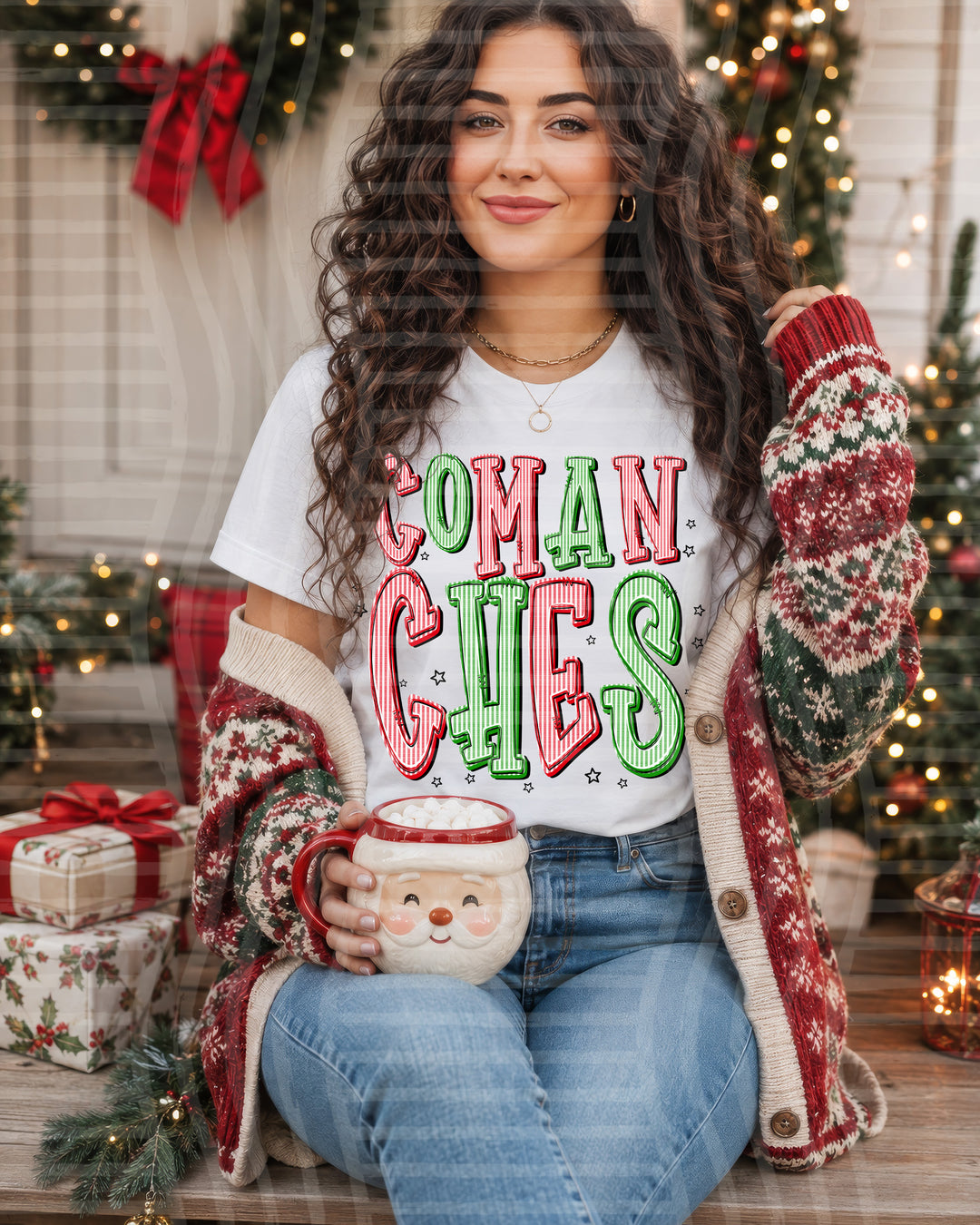 Comanches Red and Green Christmas Seersucker Mascots DTF transfer