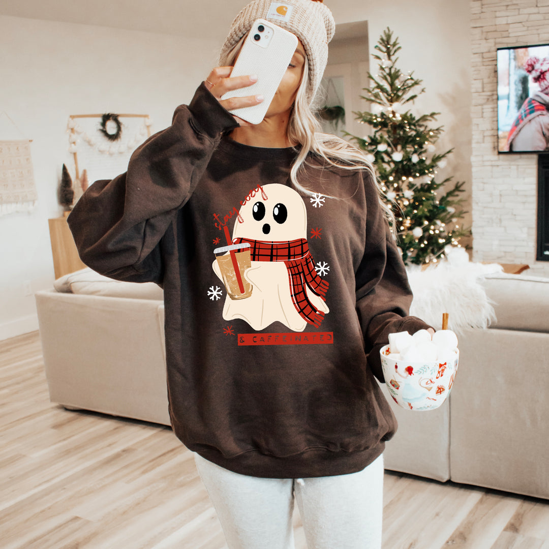 Stay Cozy & Caffeinated Winter Ghost DTF transfer – mockup