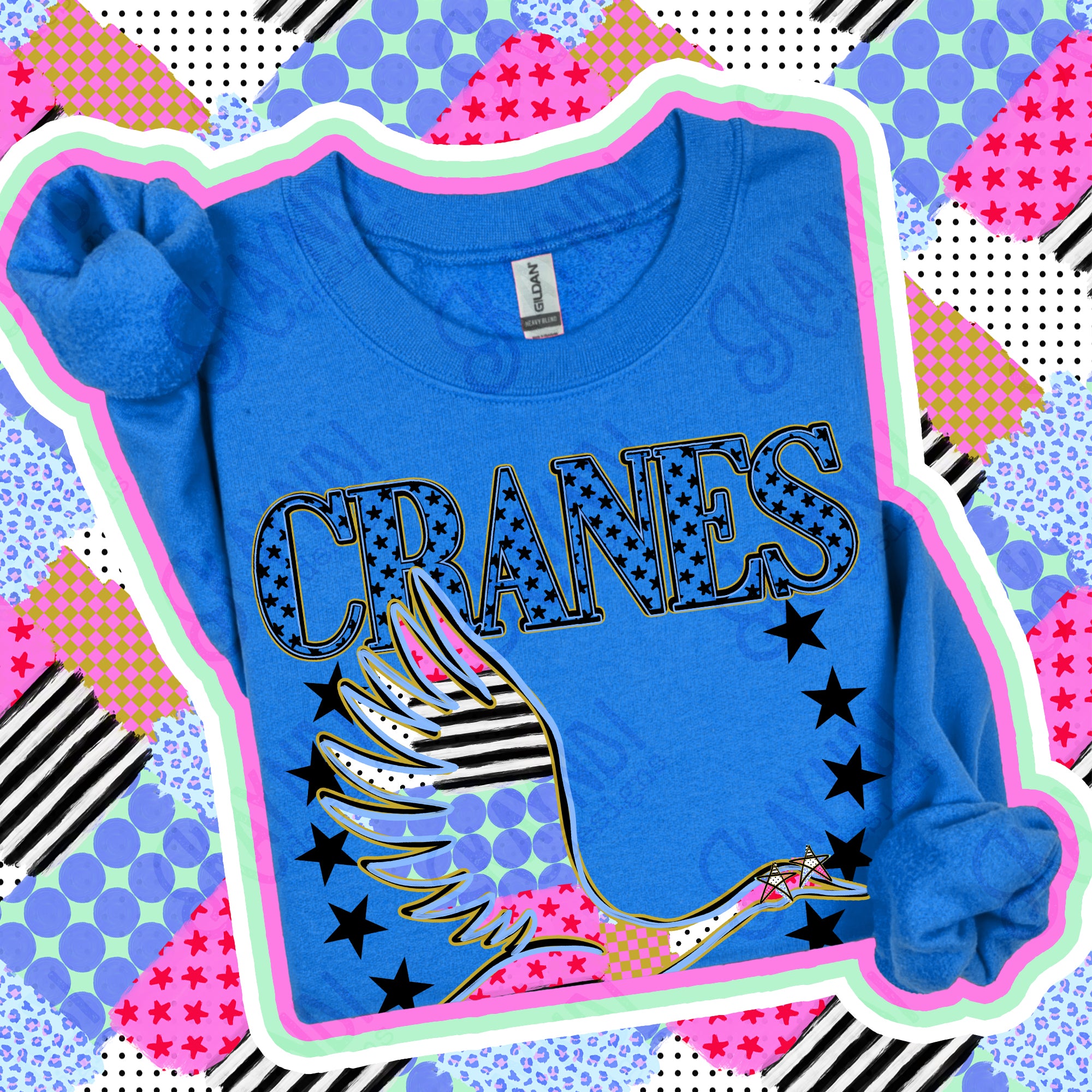 Patchwork Varsity Stars Mascots Cranes design