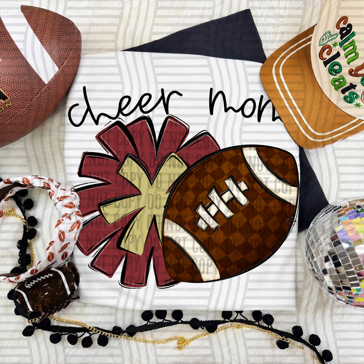 Cheer Mom DTF transfer in Crimson & Light Gold