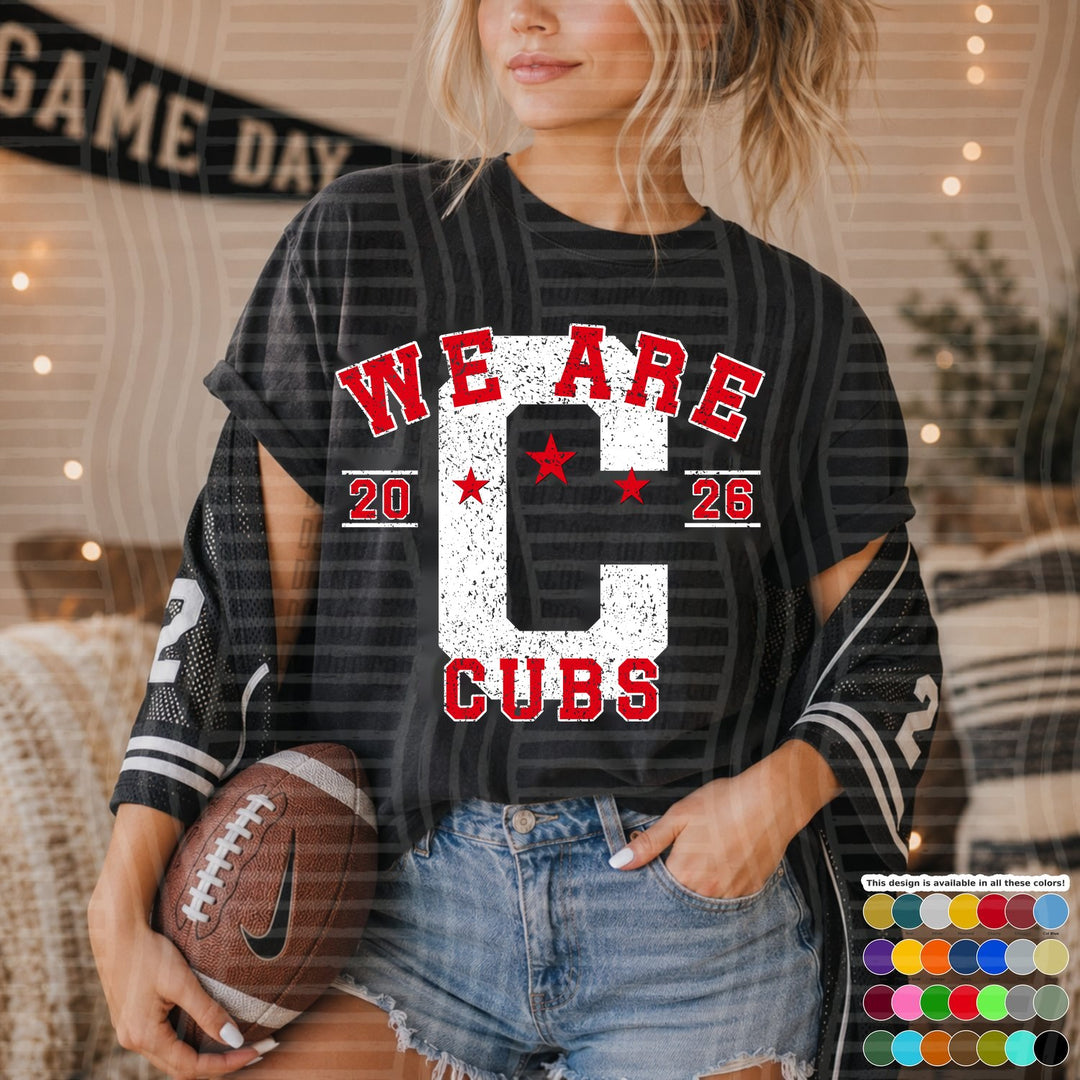 Cubs Red Varsity Initials White Outline DTF transfer mockup