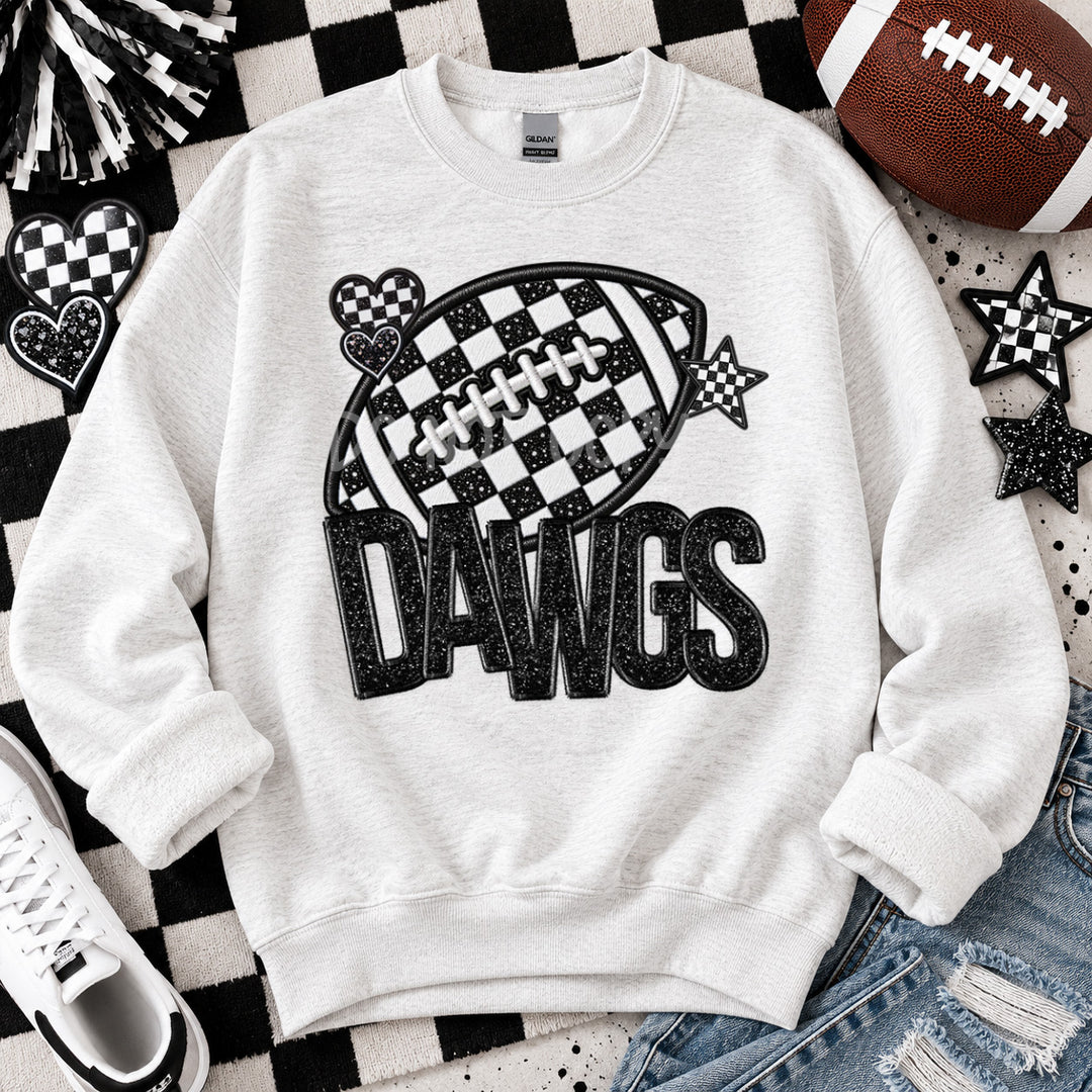Dawgs Checkered Football Faux Embroidery mascot DTF transfer