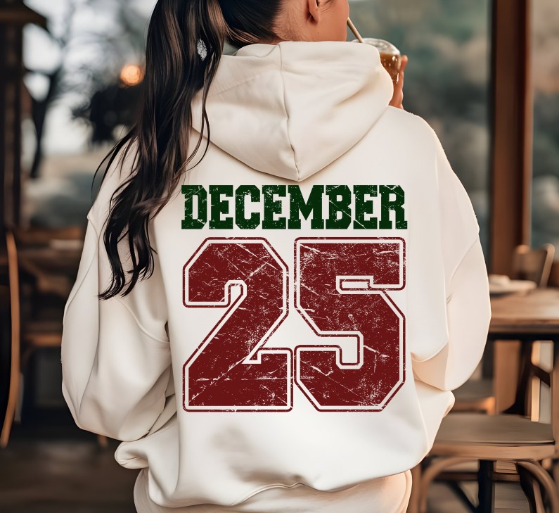 December 25 Dark Green and Red with Outline DTF transfer design – image 1