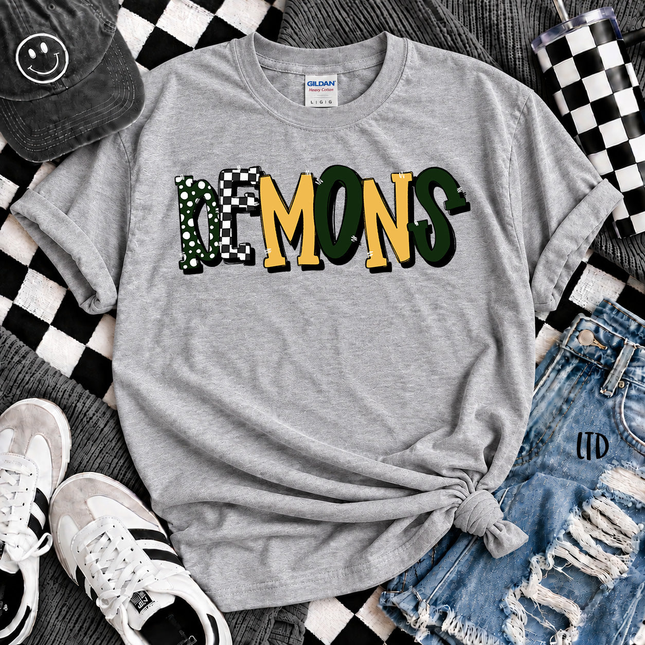 Dot Dot Check Mix Mascots Demons Dark Green Yellow Gold design