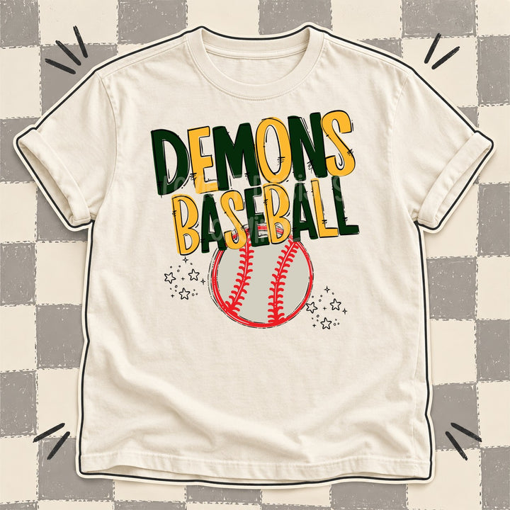 Demons Dark Green Yellow Gold Team Go Baseball Mascots DTF transfer mockup