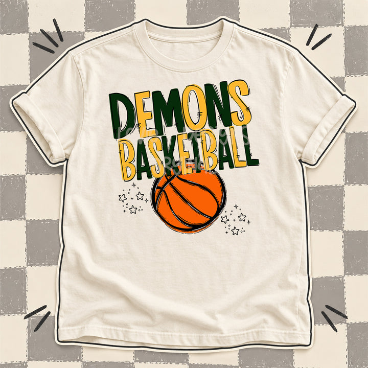 Demons Dark Green Yellow Gold Team Go Basketball Mascots DTF transfer