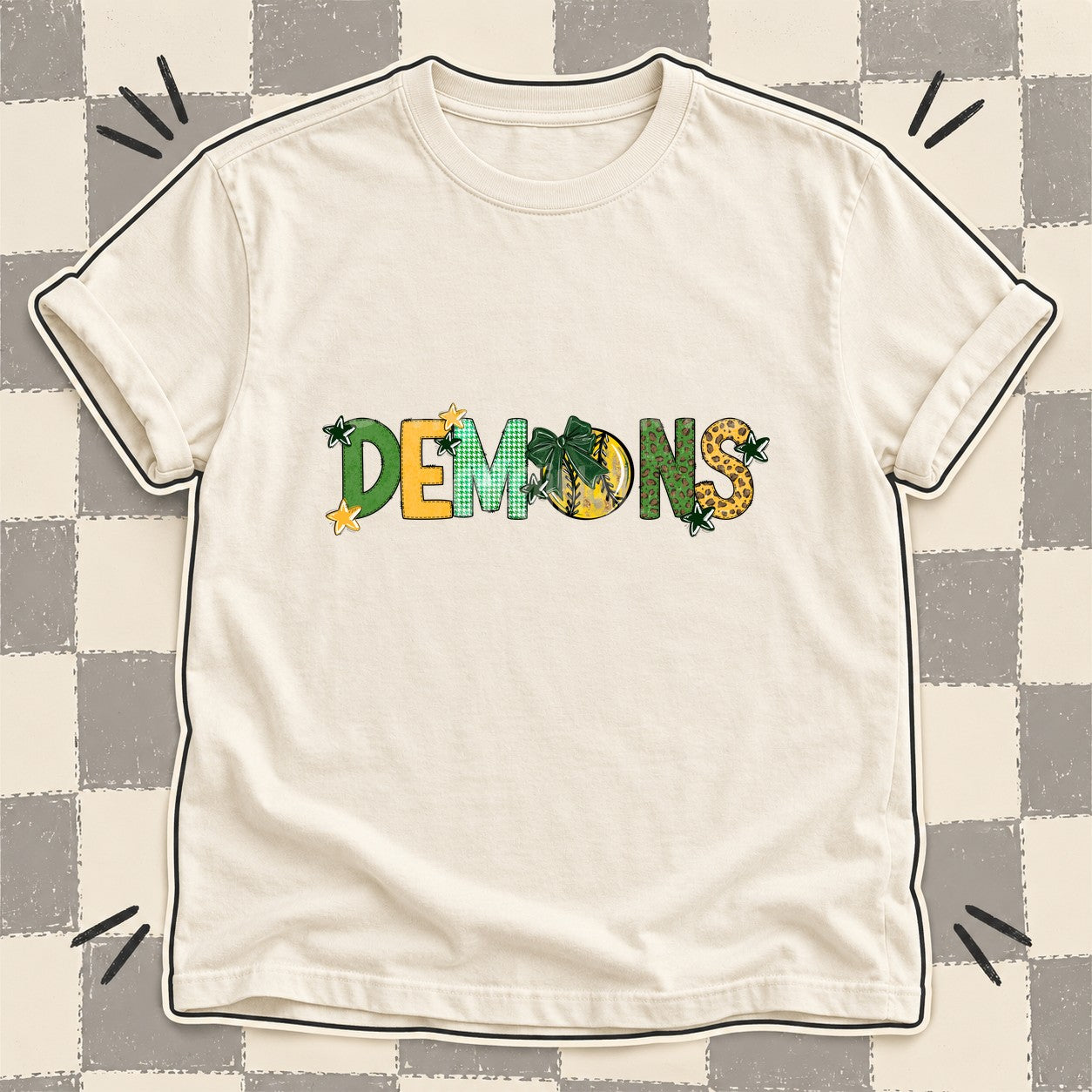 Mixed Doodle Softball Mascots – Mascot Colors Demons Dark Green Yellow Gold design
