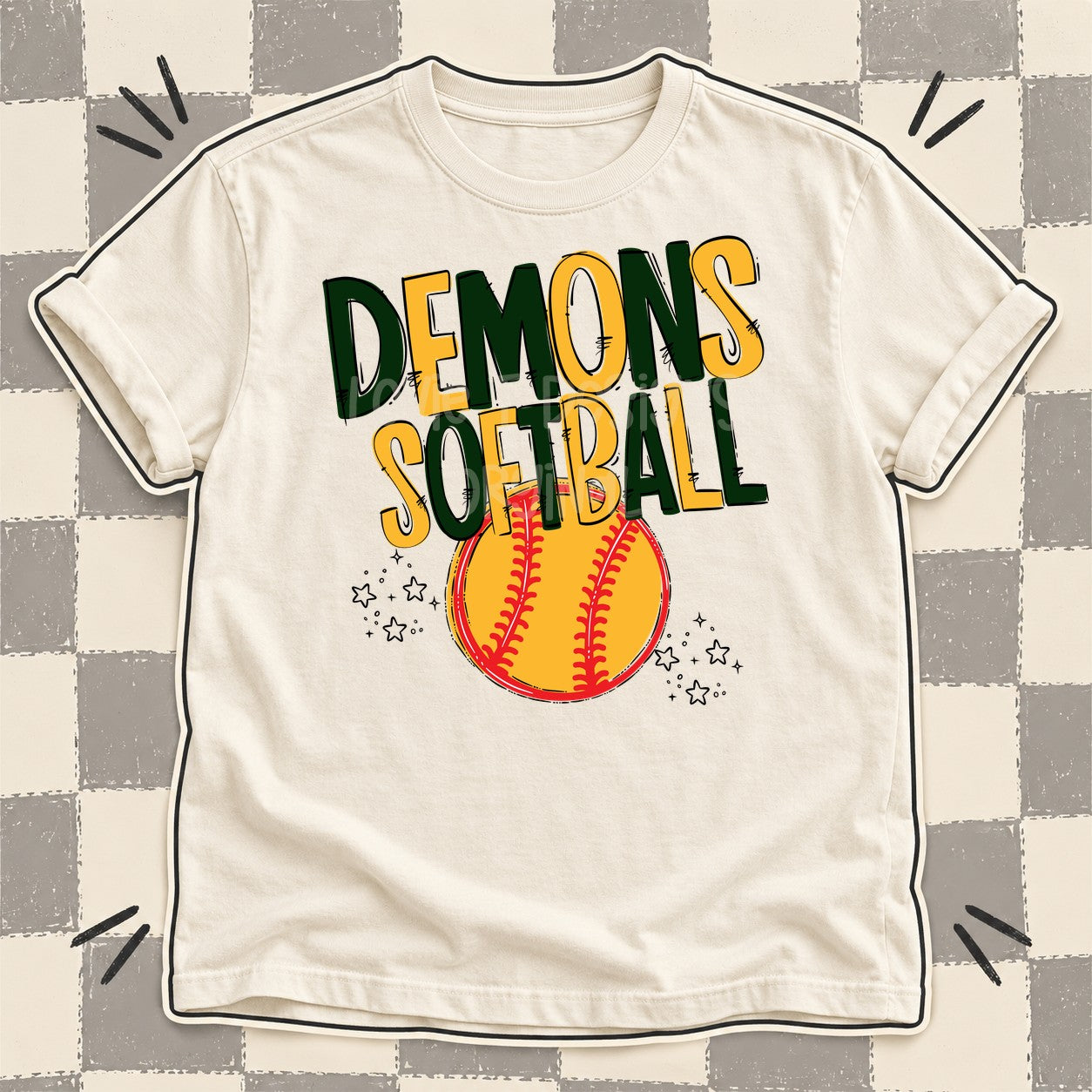 Team Go Softball Mascots Demons Dark Green Yellow Gold design