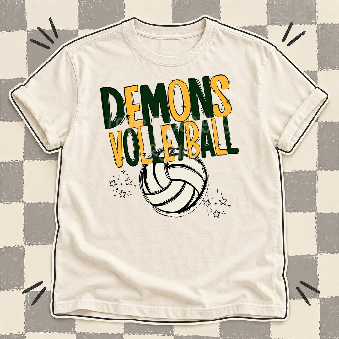 Demons Dark Green Yellow Gold Team Go Volleyball Mascots DTF transfer mockup