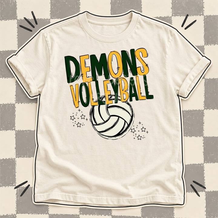 Demons Dark Green Yellow Gold Team Go Volleyball Mascots DTF transfer mockup