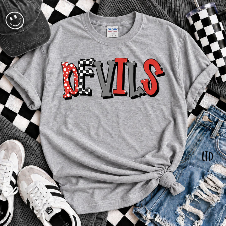 Devils Red Black Gray Dot Dot Check Mix Mascots DTF transfer mockup
