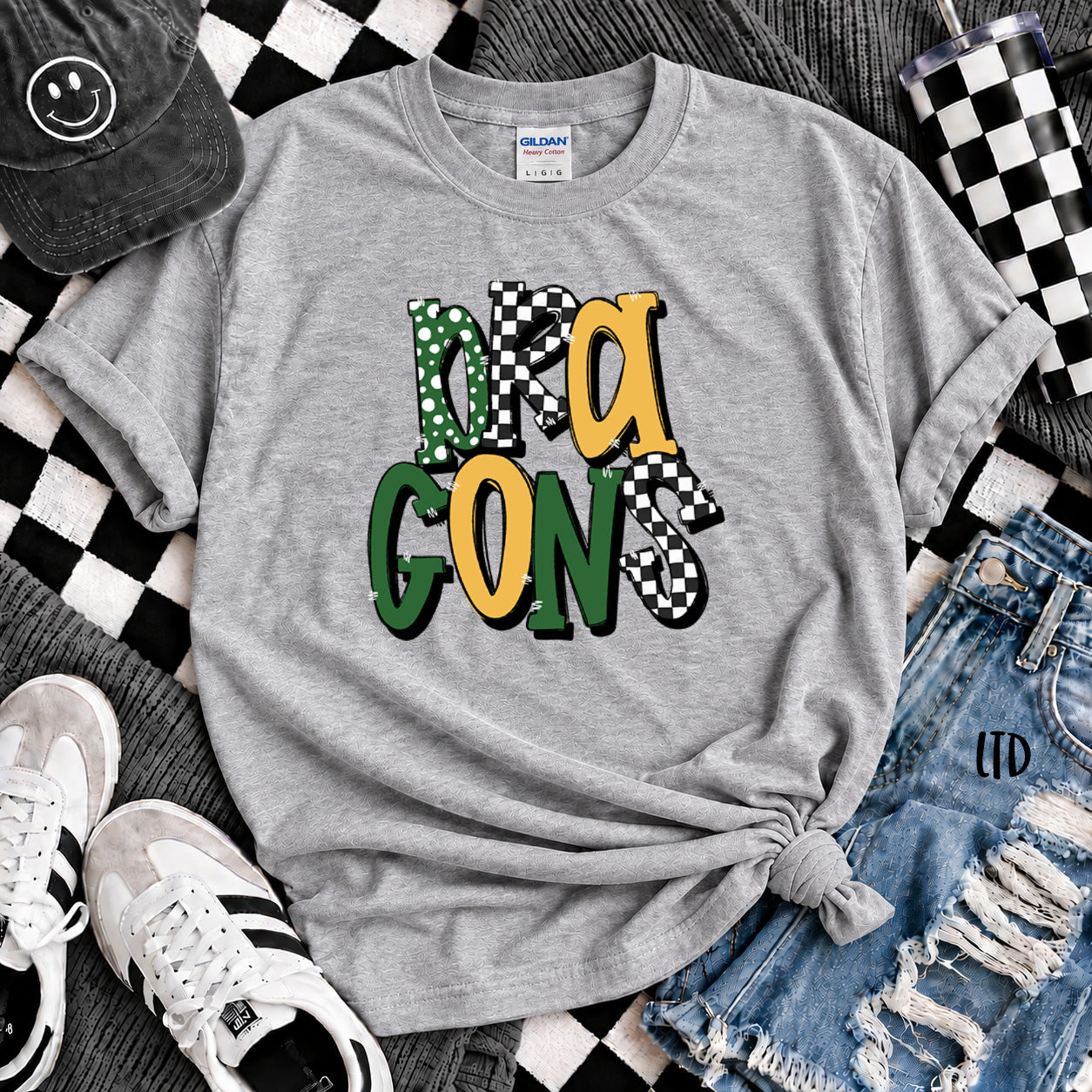 Dot Dot Check Mix Mascots Dragons Kelly Green Yellow Gold design