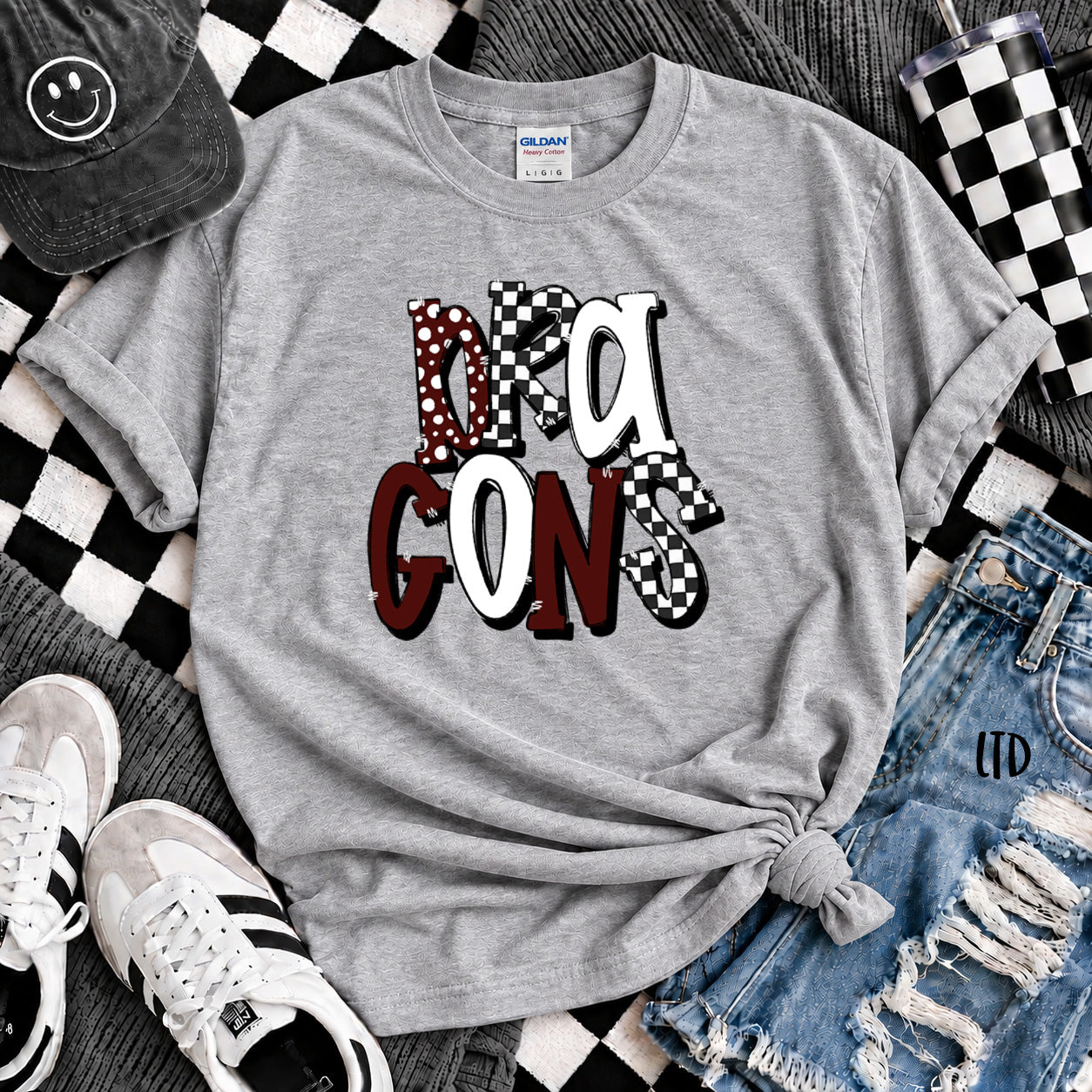 Dot Dot Check Mix Mascots Dragons Maroon White design