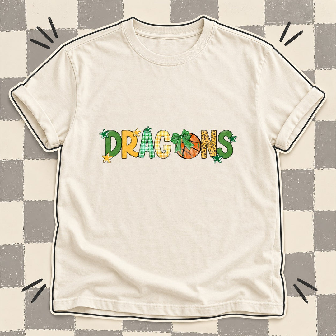 Dragons Green Yellow Gold Mixed Doodle Basketball Mascots – Mascot Colors DTF transfer mockup