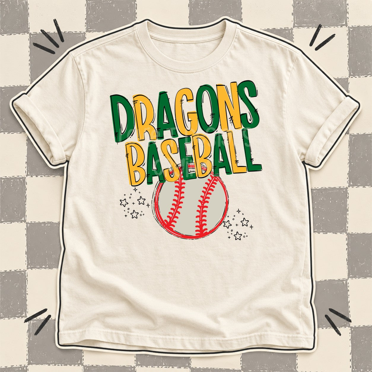 Team Go Baseball Mascots Dragons Kelly Green Yellow Gold design