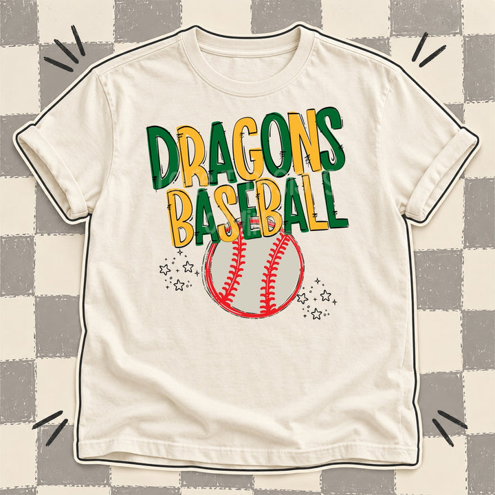 Dragons Kelly Green Yellow Gold Team Go Baseball Mascots DTF transfer mockup
