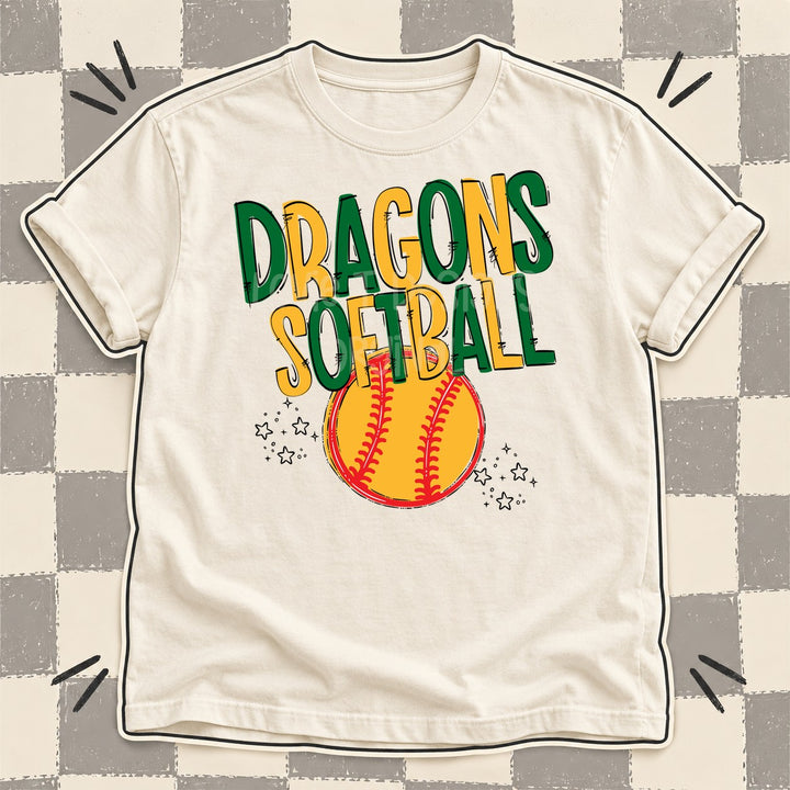 Dragons Kelly Green Yellow Gold Team Go Softball Mascots DTF transfer mockup