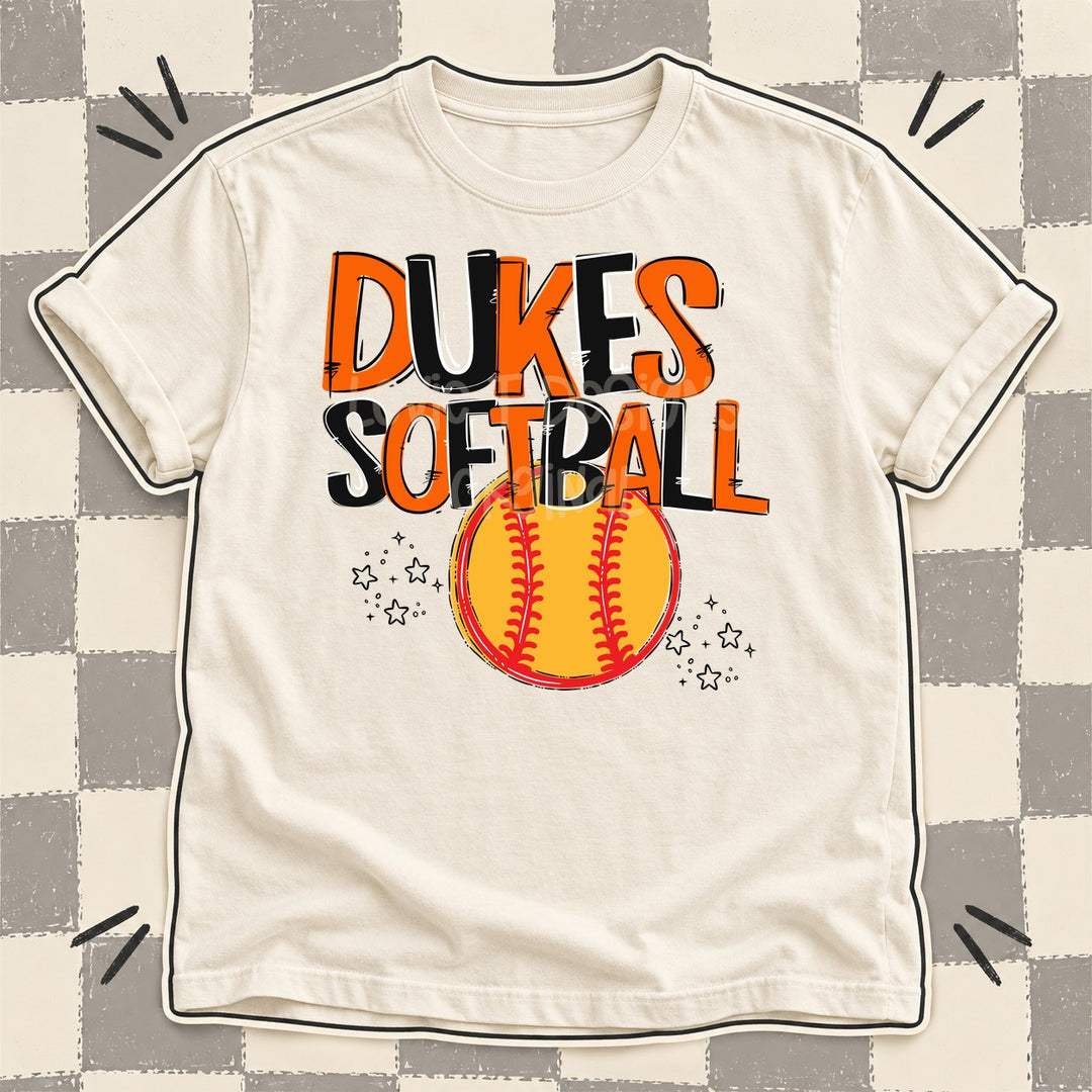 Dukes Orange Black Team Go Softball Mascots DTF transfer mockup