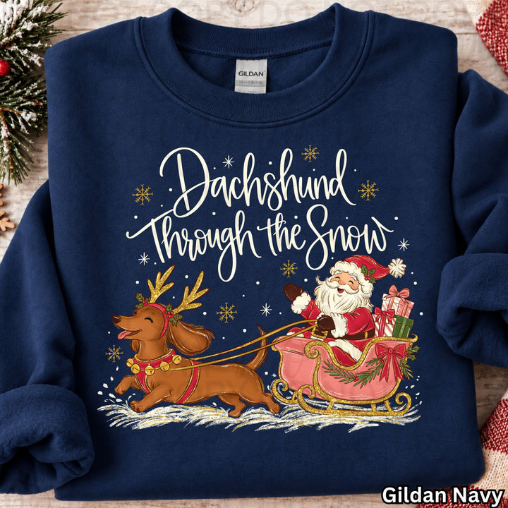 Dachshund Through the Snow Christmas design on a finished tee or sweatshirt – Lovie T Designs
