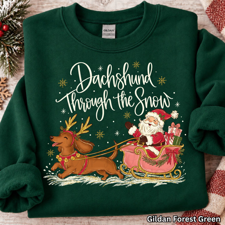 Dachshund Through the Snow Christmas design on a finished tee or sweatshirt – Lovie T Designs