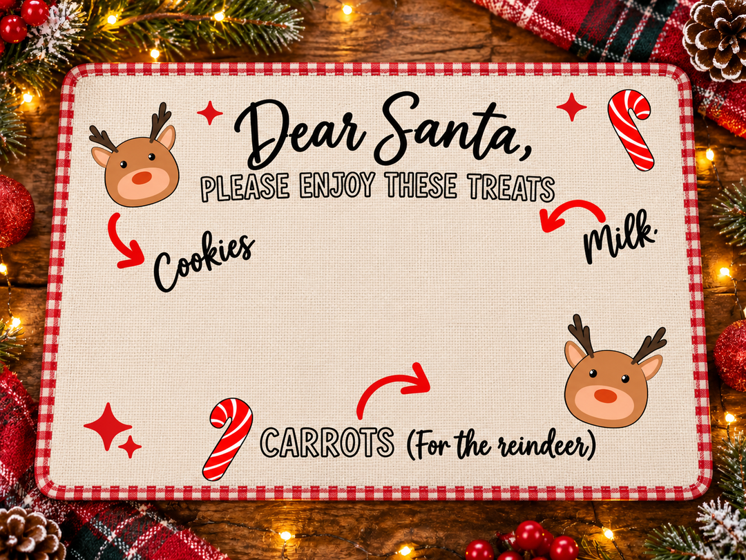 Dear Santa Please Enjoy These Treats black text design on a red gingham linen placemat mockup