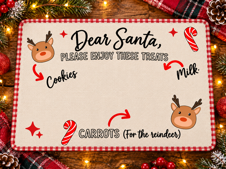 Dear Santa Please Enjoy These Treats black text design on a red gingham linen placemat mockup