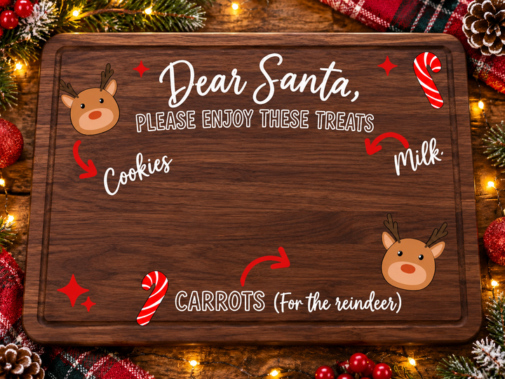 Dear Santa Please Enjoy These Treats white text design on a walnut cutting board mockup