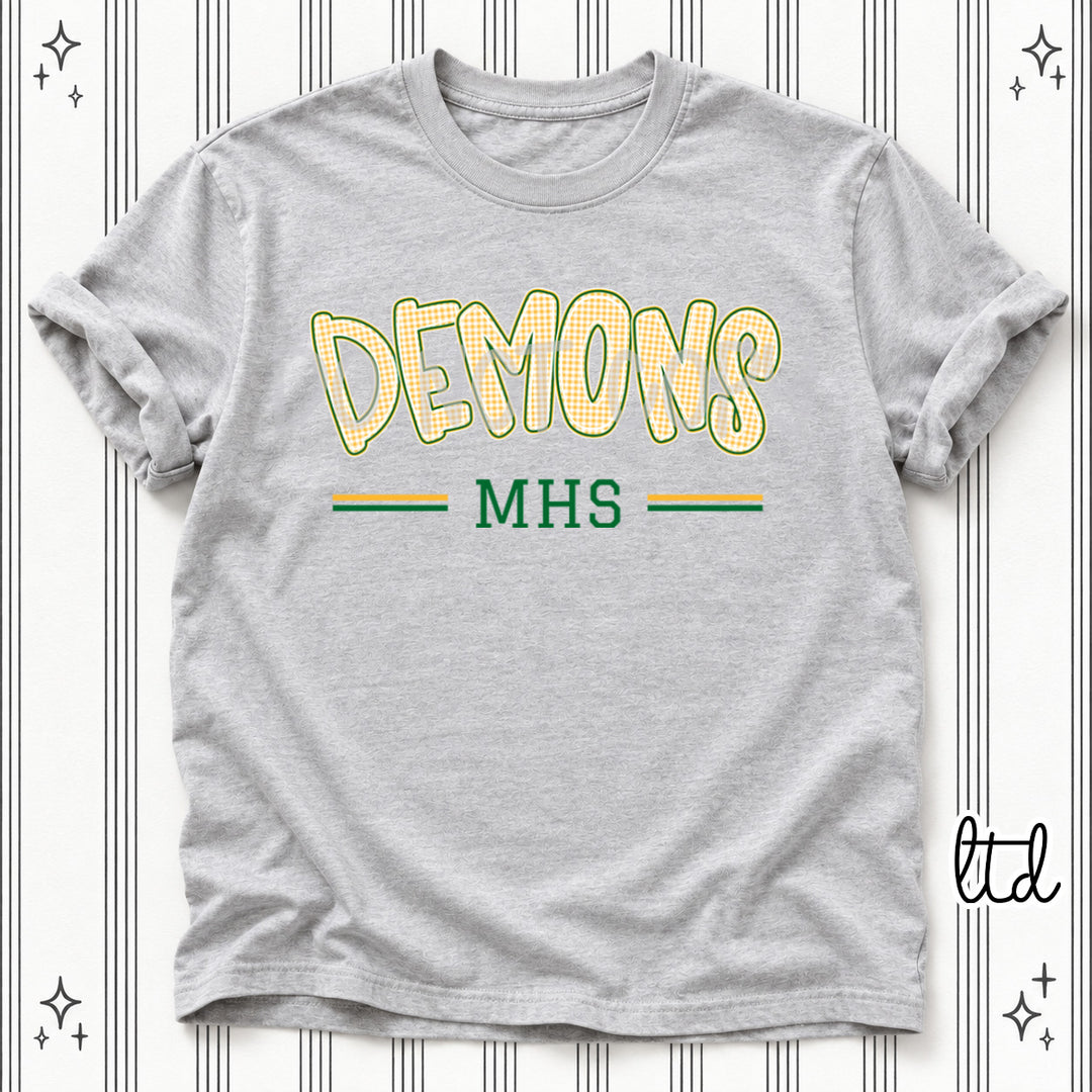 Demons MHS Green Yellow Gold Gingham School Spirit DTF transfer
