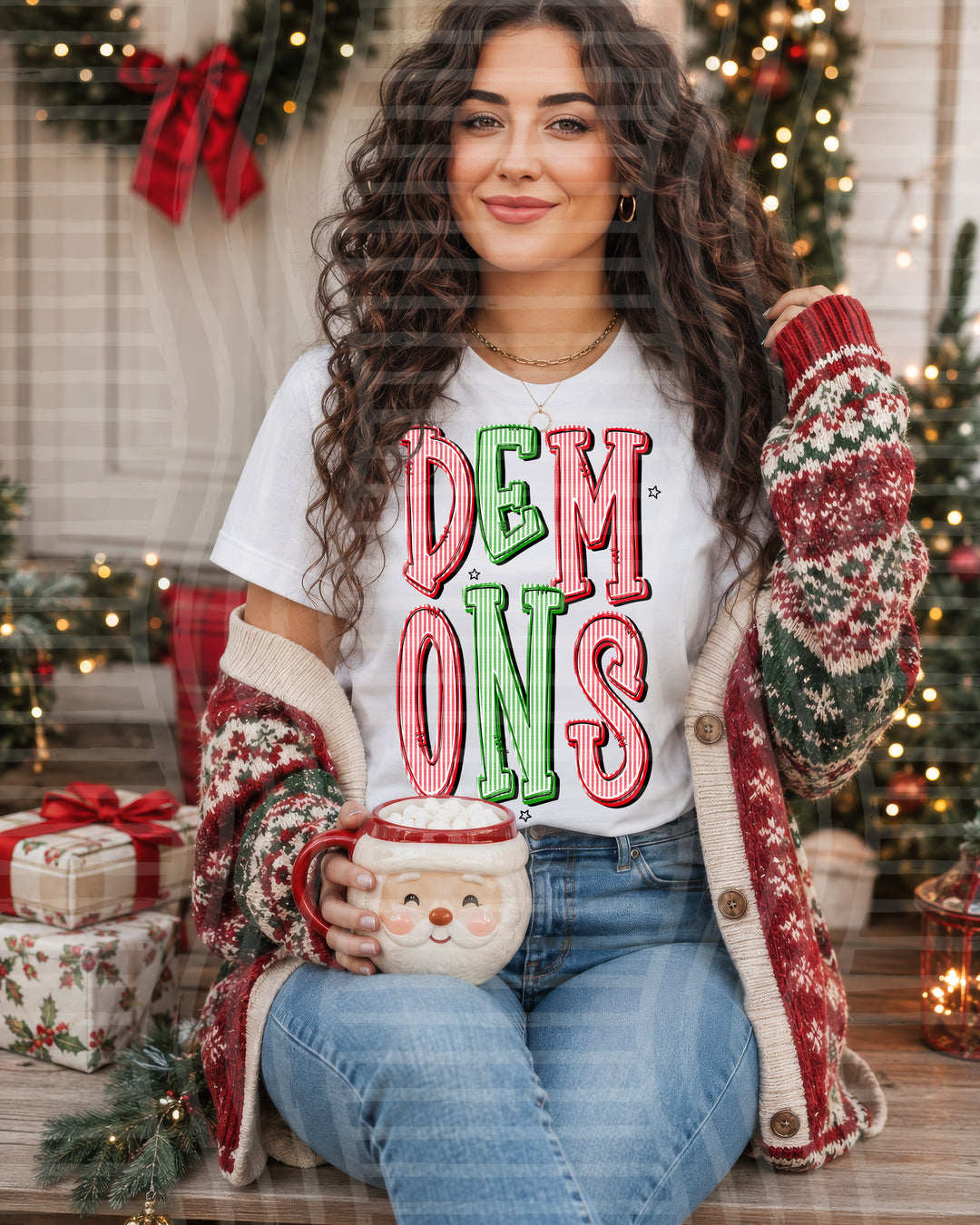 Demons Red and Green Christmas Seersucker Mascots DTF transfer