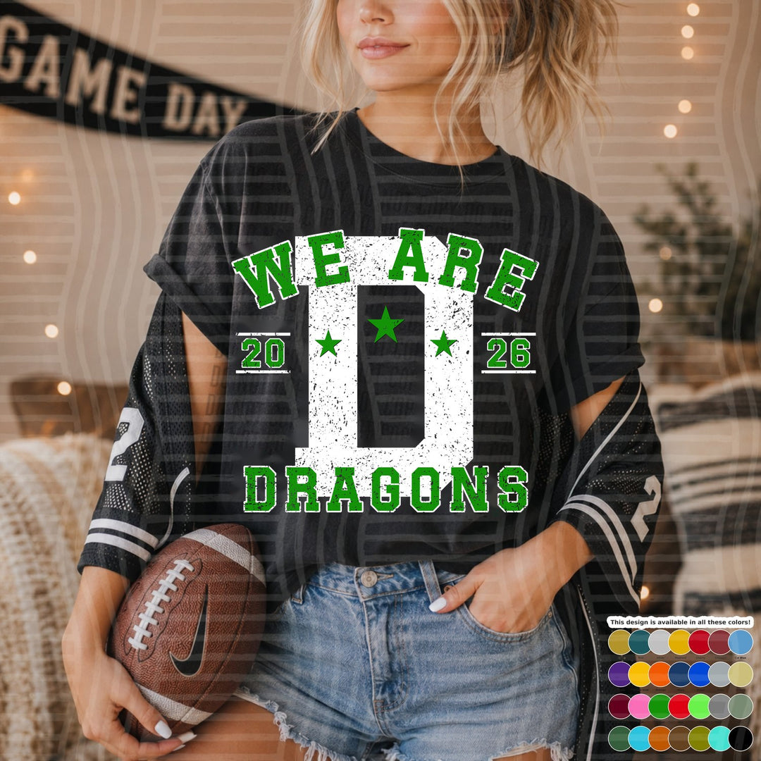 Dragons Green Varsity Initials White Outline DTF transfer mockup