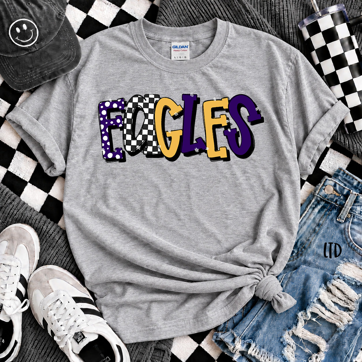 Dot Dot Check Mix Mascots Eagles Purple Yellow Gold design