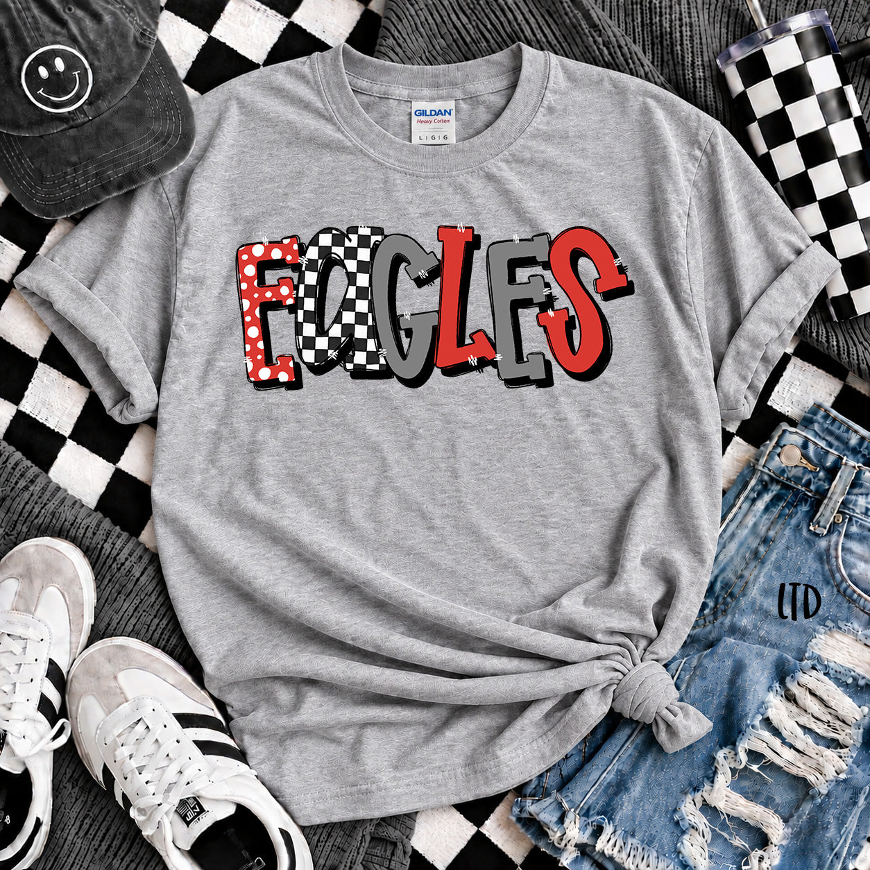 Dot Dot Check Mix Mascots Eagles Red Black White Gray design