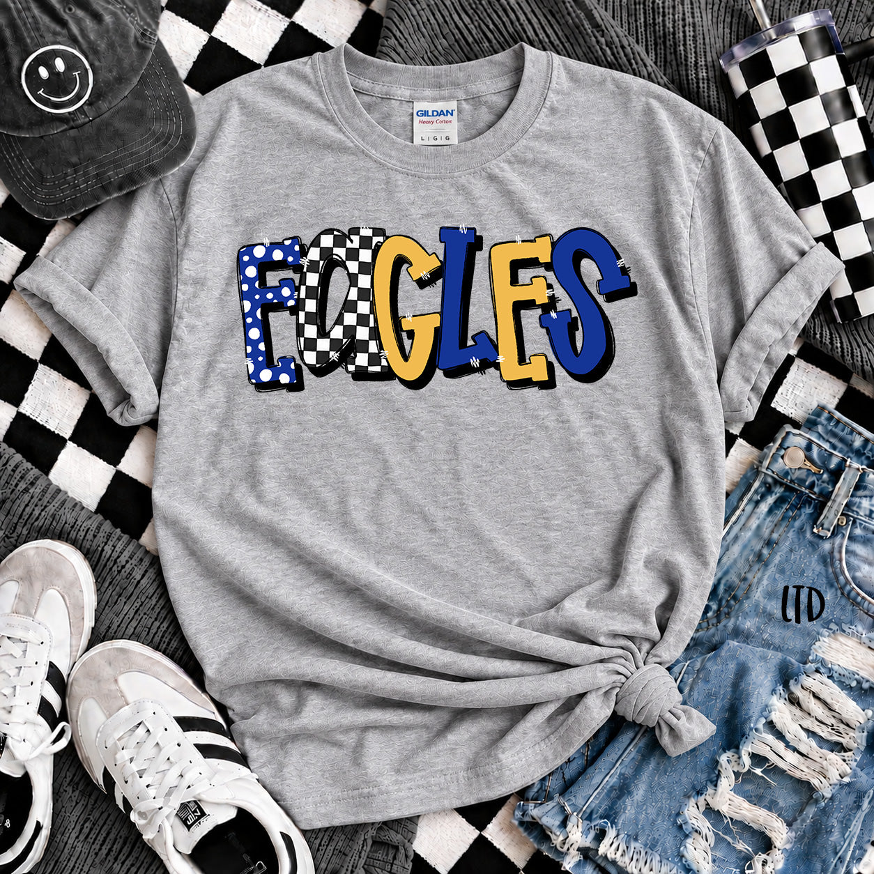 Dot Dot Check Mix Mascots Eagles Royal Blue Yellow Gold design