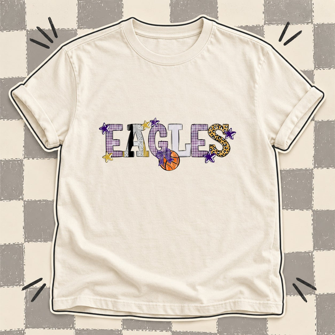 Eagles Purple Vegas Gold White Mixed Doodle Basketball Mascots – Mascot Colors DTF transfer mockup