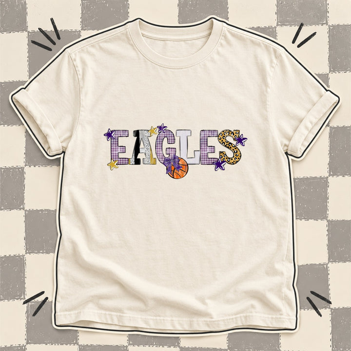 Eagles Purple Vegas Gold White Mixed Doodle Basketball Mascots – Mascot Colors DTF transfer mockup