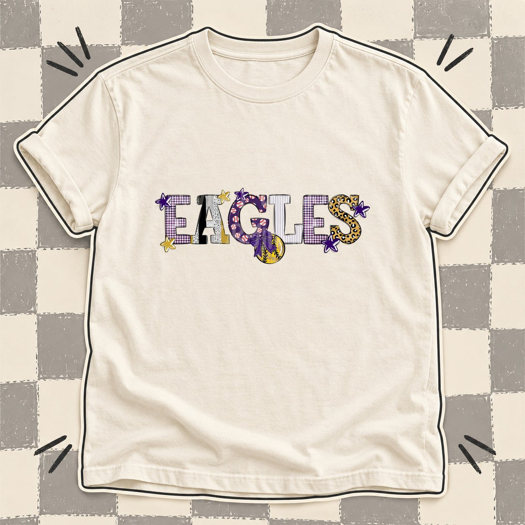 Eagles Purple Vegas Gold White Mixed Doodle Softball Mascots – Mascot Colors DTF transfer mockup