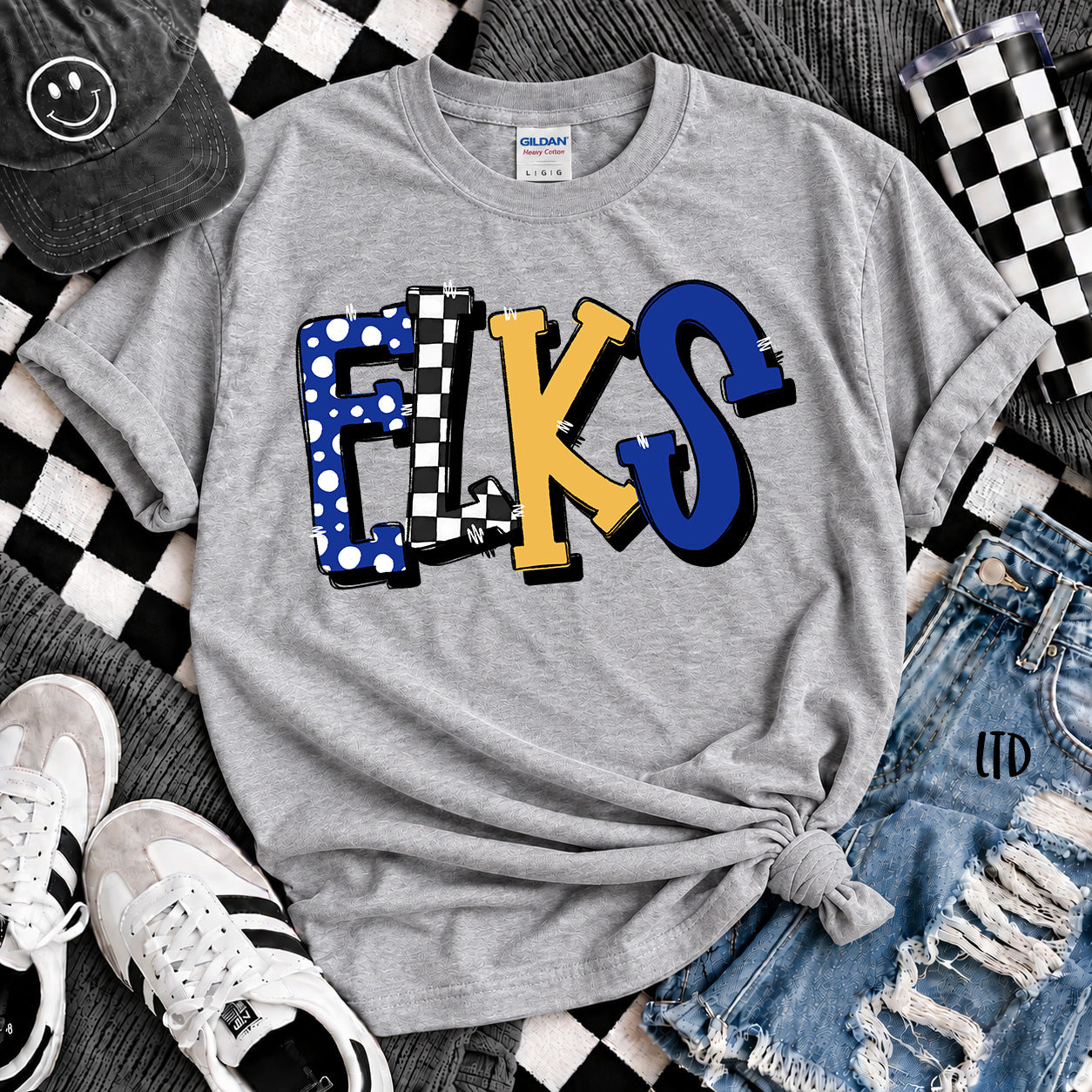 Dot Dot Check Mix Mascots Elks Royal Blue Yellow Gold design