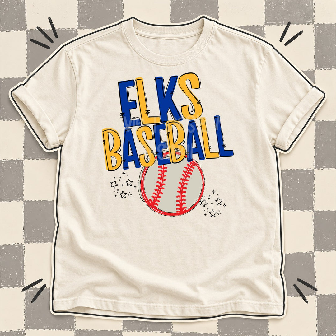 Elks Royal Blue Yellow Gold Team Go Baseball Mascots DTF transfer mockup