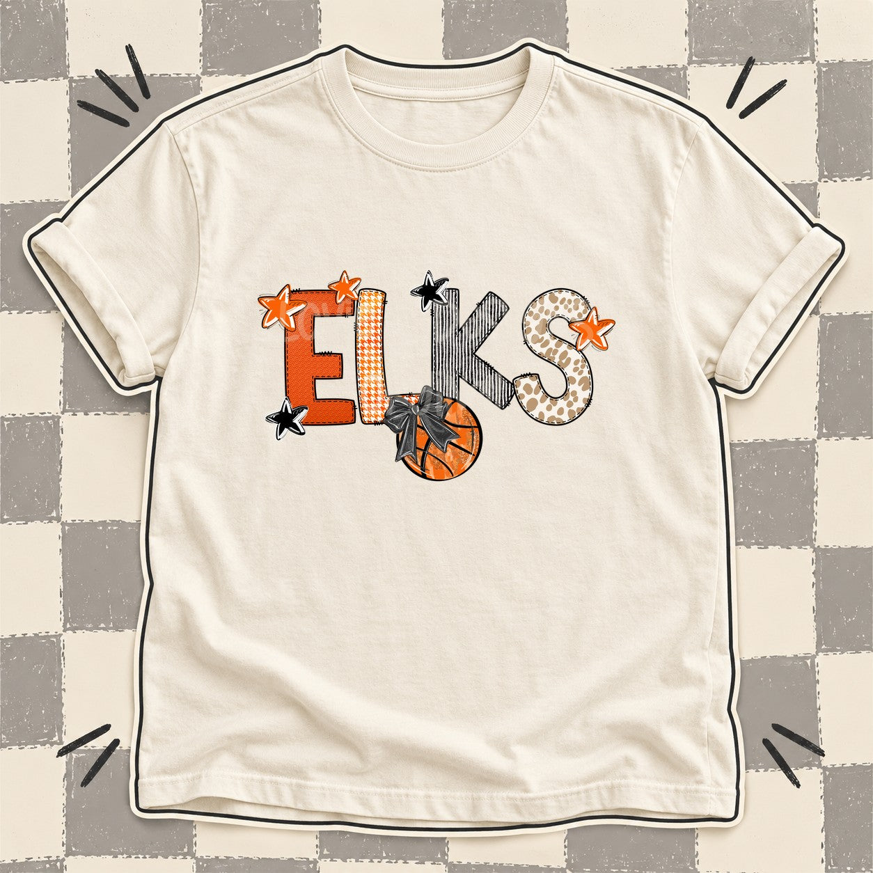 Mixed Doodle Basketball Mascots – Hoops Houndstooth Elks design