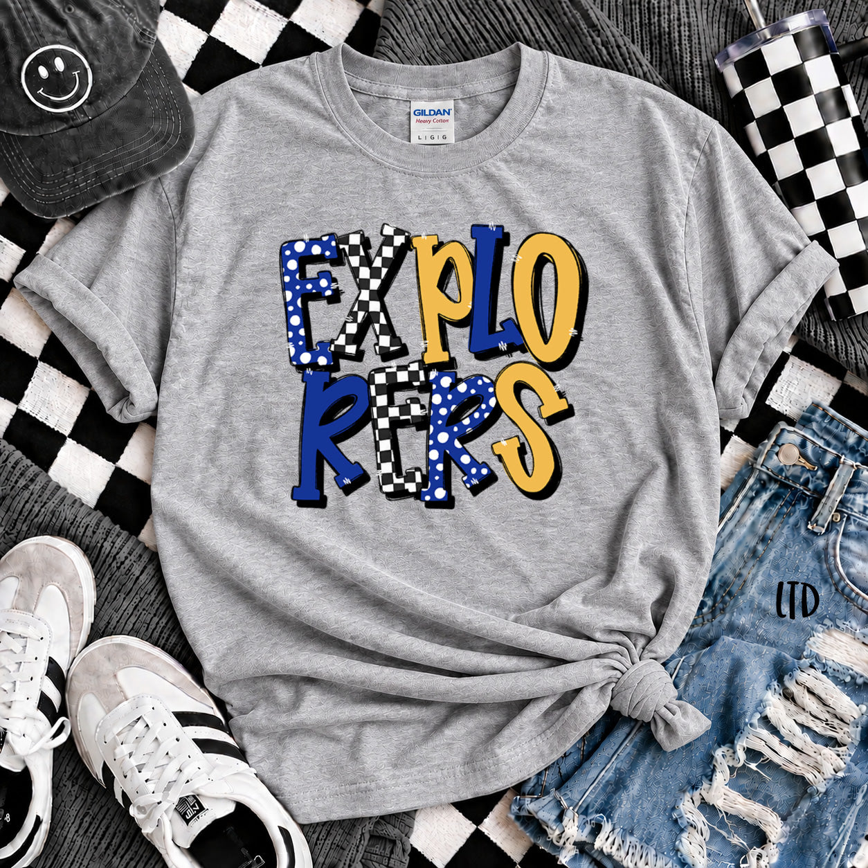 Dot Dot Check Mix Mascots Explorers Royal Blue Yellow Gold design