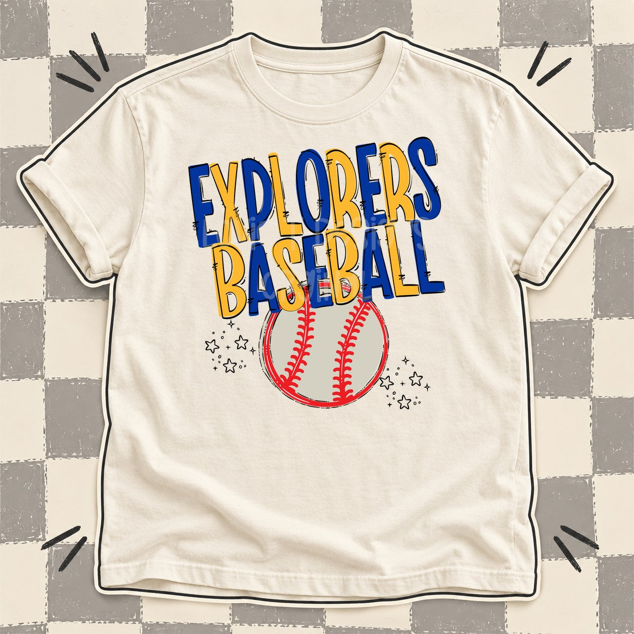 Team Go Baseball Mascots Explorers Royal Blue Yellow Gold design