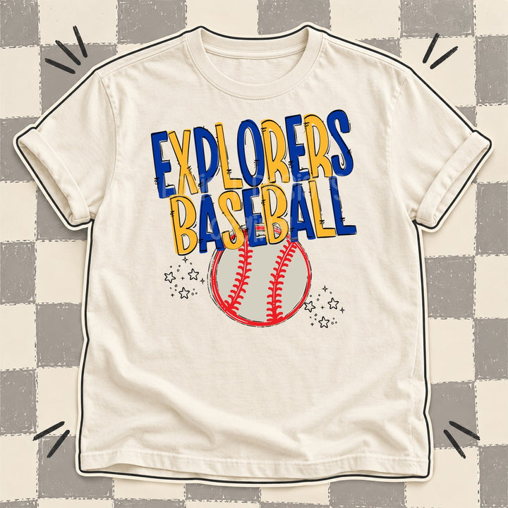 Explorers Royal Blue Yellow Gold Team Go Baseball Mascots DTF transfer mockup