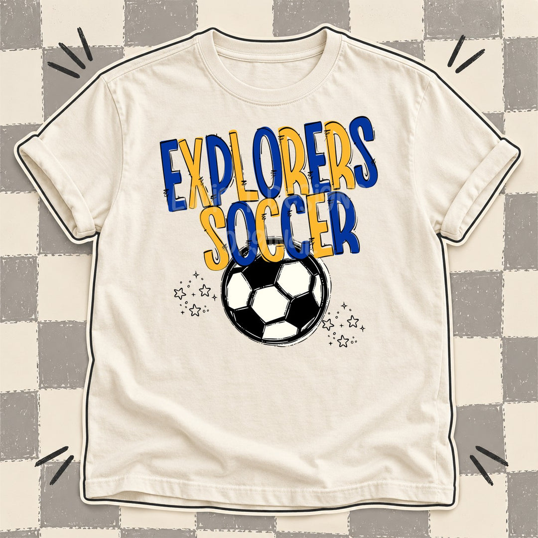 Explorers Royal Blue Yellow Gold Team Go Soccer Mascots DTF transfer mockup