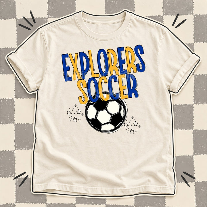 Explorers Royal Blue Yellow Gold Team Go Soccer Mascots DTF transfer mockup