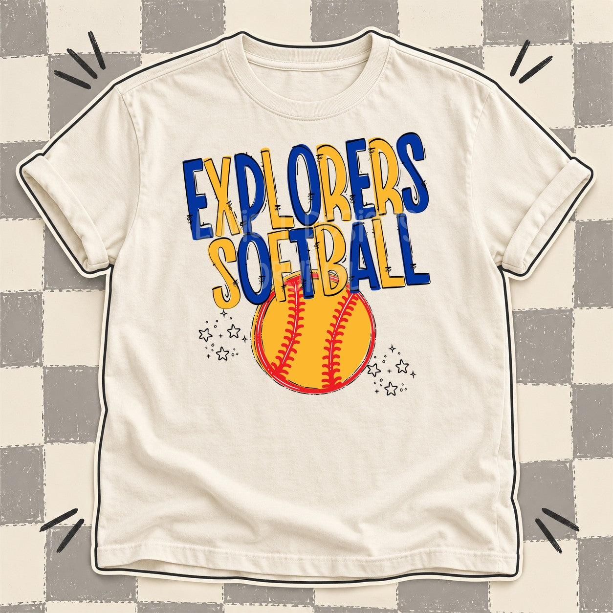 Team Go Softball Mascots Explorers Royal Blue Yellow Gold design