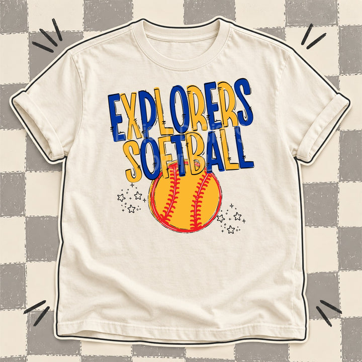 Explorers Royal Blue Yellow Gold Team Go Softball Mascots DTF transfer mockup