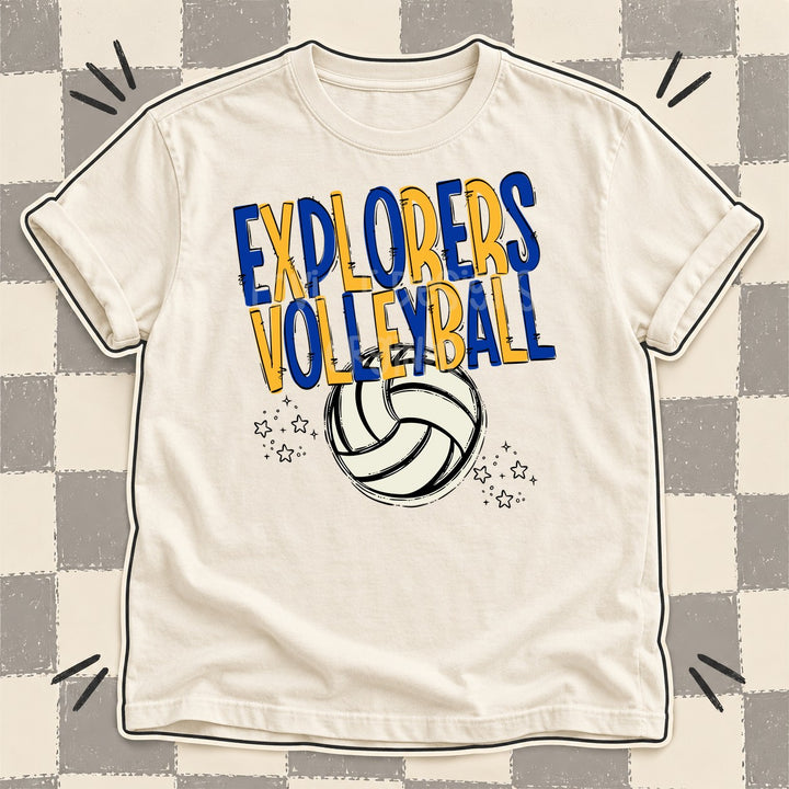 Explorers Royal Blue Yellow Gold Team Go Volleyball Mascots DTF transfer mockup