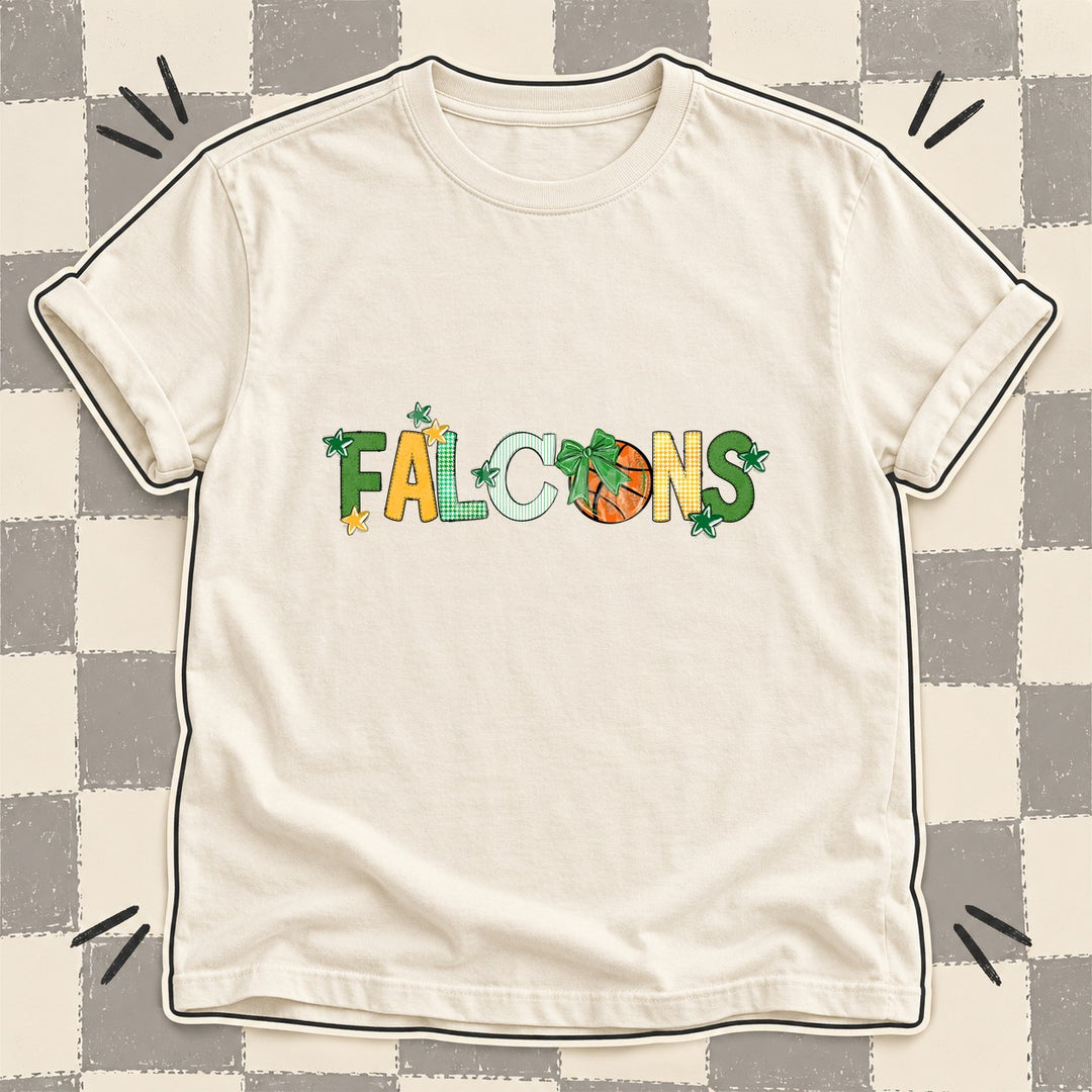 Falcons Green Yellow Gold White Mixed Doodle Basketball Mascots – Mascot Colors DTF transfer mockup