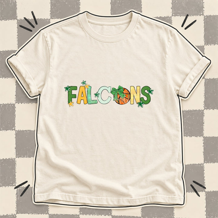 Falcons Green Yellow Gold White Mixed Doodle Basketball Mascots – Mascot Colors DTF transfer mockup